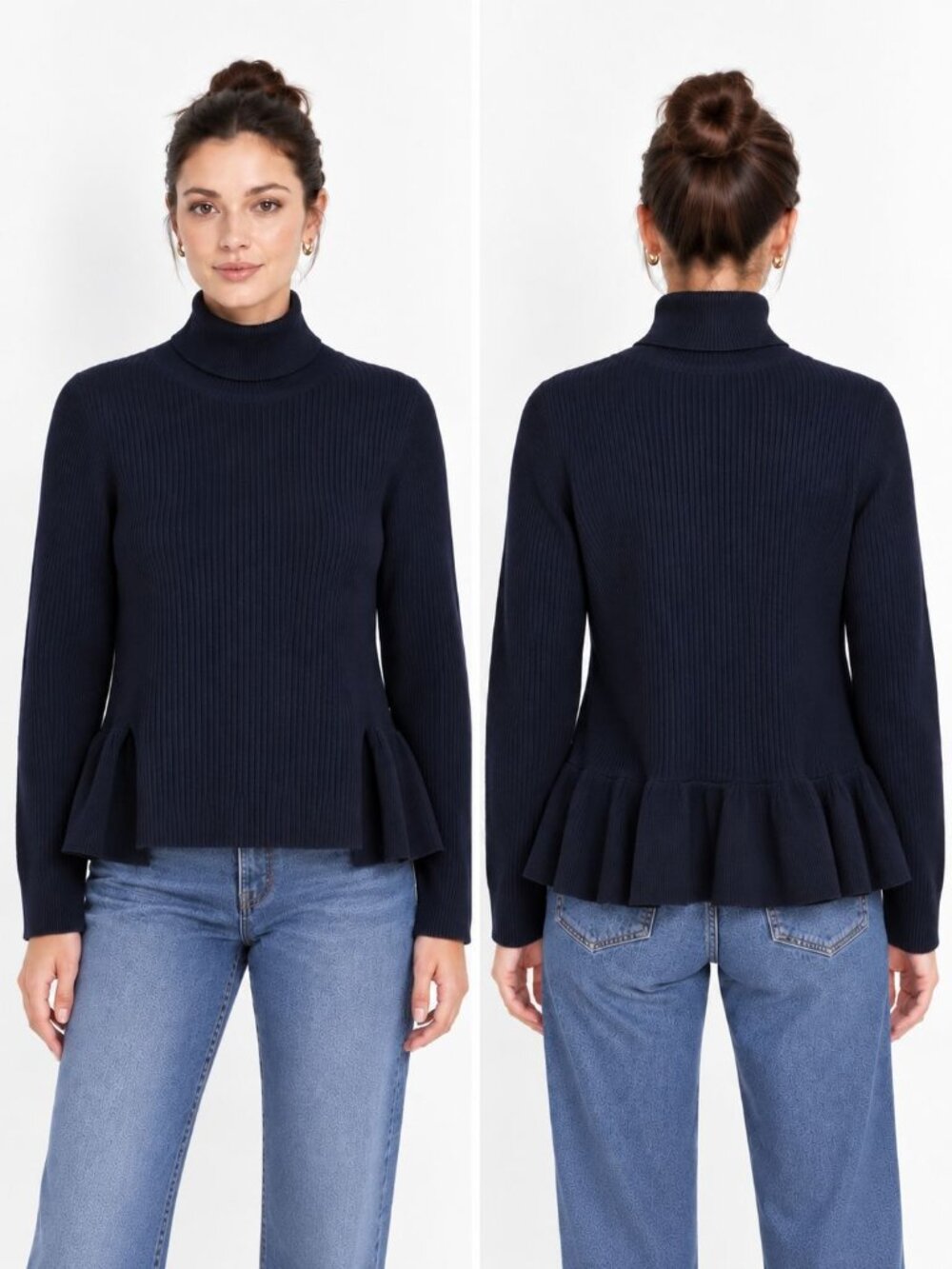 Valentino Italy Navy 100% Wool Ribbed Turtleneck Ruffle Peplum Sweater L Luxury